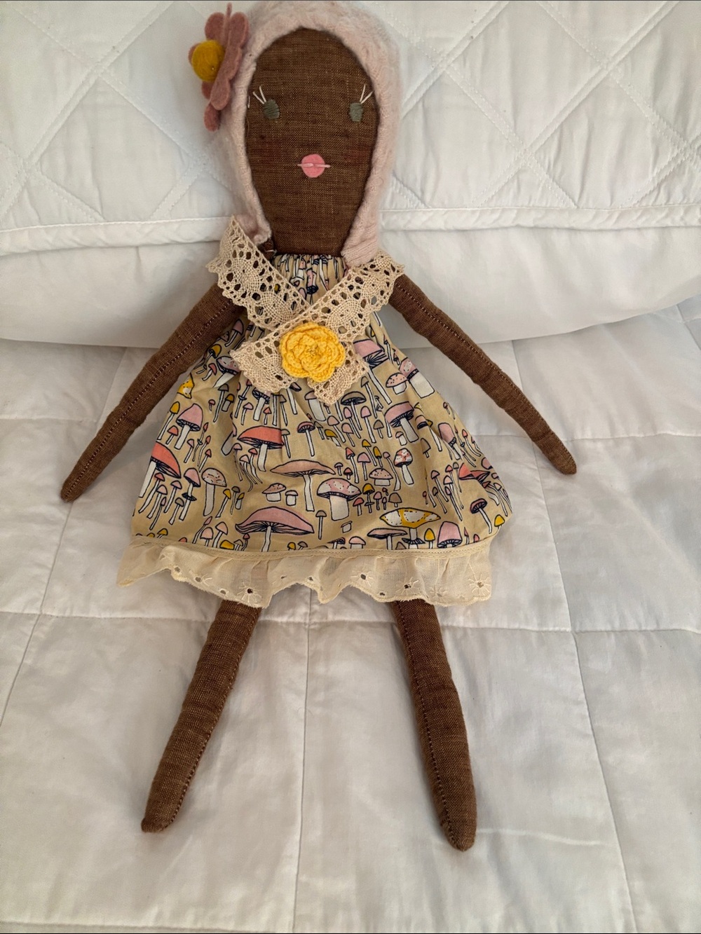 Handmade Brown Cloth Doll with Yellow Floral Dress and Pink Hood